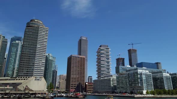 View of downtown Toronto from the ferry. Ontario Lake, Toronto, Canada.