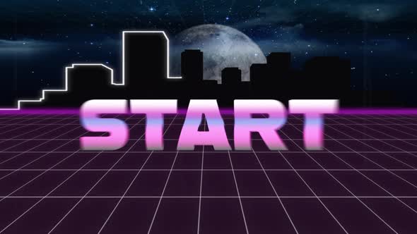 Animation vintage video game screen with metallic word start written alt