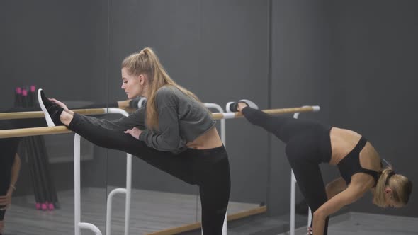 Two Slender Young Women Do Stretching. Stretching Before the Training Is Very Important