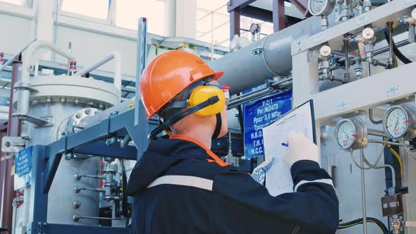 A Worker in a Helmet Goggles and Headphones Writes Data on a Sheet of Paper Monitors the Pressure