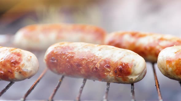 Delicious Juicy Sausages, Cooked on the Grill with a Fire