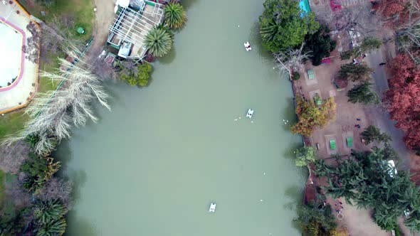 Overhead aerial view of the artificial lagoon in O'Higgins Park with pedal boat on the shore, Santia