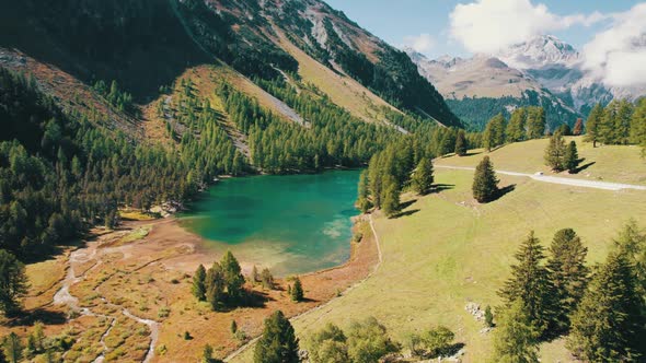 Aerial View Mountain Valley with Alpine Palpuogna Lake in Albulapass Swiss Alps