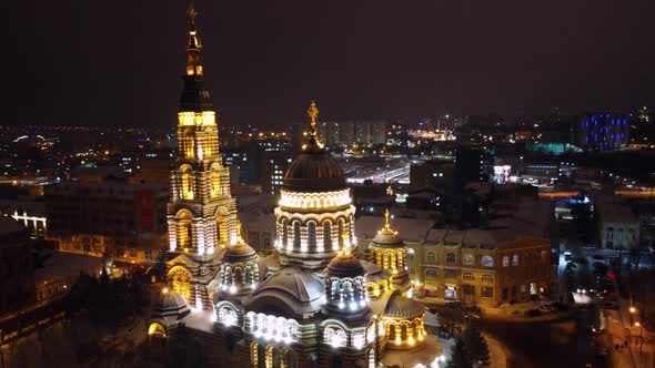 Holy Annunciation Cathedral, night Kharkiv aerial