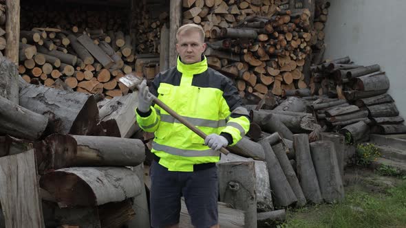 Lumberjack in Reflective Jacket. Man Woodcutter with Big Axe. Sawn Logs, Firewood Background