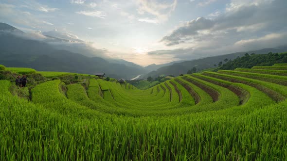 Time lapse of Fansipan mountain hills valley with paddy rice terraces in Sapa, Vietnam.