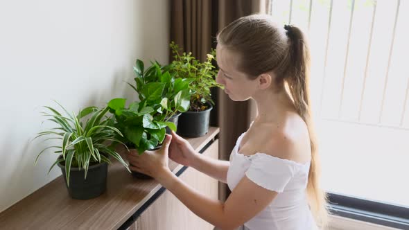 Young Smiling Woman Pouring From Watering Can Growing Flowers