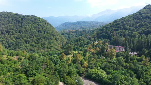 Ruined Lost Overgrown Mining Ghost Town Akarmara Consequences of War in Abkhazia Aerial View From