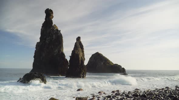 Rocky ocean coast at sunrise Ribeira da Janela, Madeira, Portugal