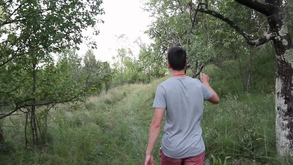 Close up shot from behind of a man walking in the summer forest. Young man on a path into the green