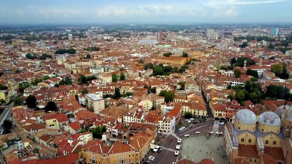 Saint Anthony of Padua Basilica in Italy with garden patio, Aerial lowering pedestal shot