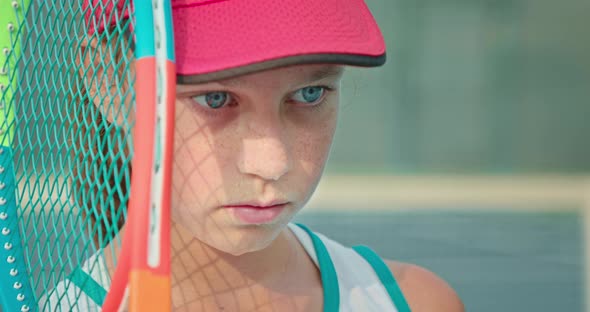 Female Player Holds Her Tennis Racket Close To the Face