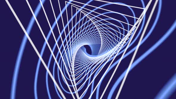 Abstract narrow white lines forming triangles tunnel on dark blue background