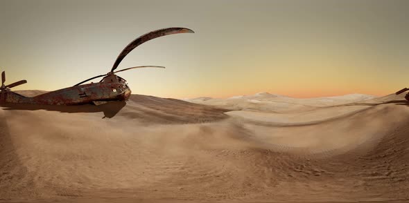 VR360 Old Rusted Military Helicopter in the Desert at Sunset