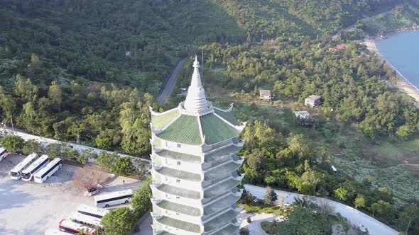 Aerial View Buddhist Temple Pagoda with Bus Parking Lot