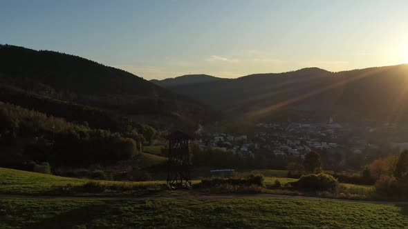 Aerial View of the sunset in Gelnica city in Slovakia