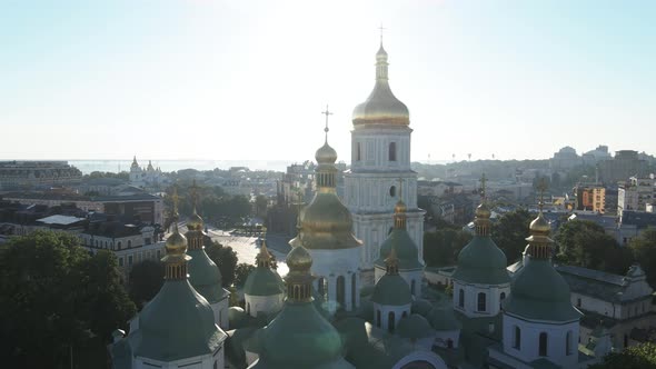 St. Sophia Church in the Morning at Dawn. Kyiv. Ukraine. Aerial View, Slow Motion