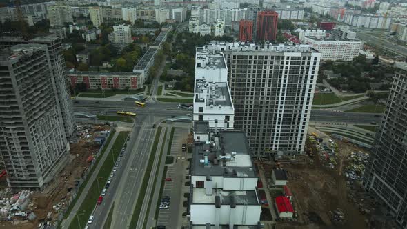 Construction of modern multi-storey buildings. Construction of a new city block.