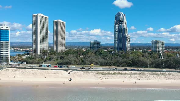 Aerial view showing beaches and surf lifesaving along the  Australian Gold Coast coastline
