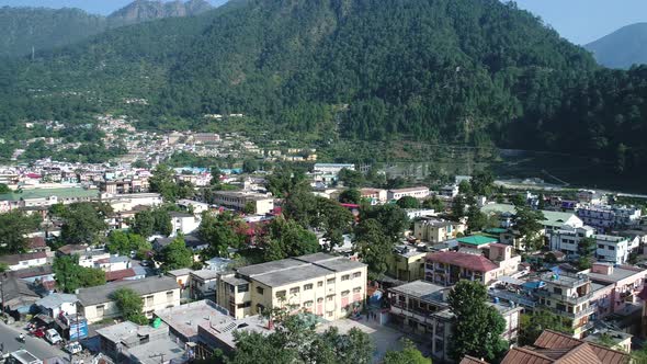 City of Uttarkashi in the state of Uttarakhand in India seen from the sky