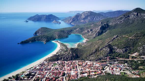 Amazing beautiful panoramic view from drone of Oludeniz Blue lagoon beach in Fethiye in Mugla