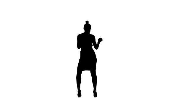 Attractive Social Latina Dancer in Skirt Starting Dancing, Standing Behind, on White, Silhouette