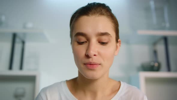 Smiling Woman Looking Webcam Using Computer Closeup