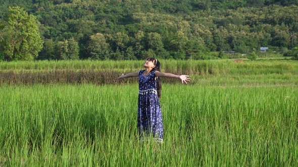 Little Girl With Arms Outstretched In Rice Field