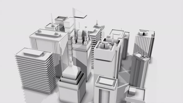 Abstract animation of 3d architectural scale model of big modern city center on white background