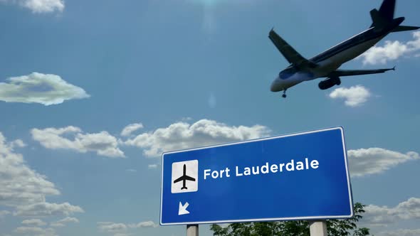 Airplane landing at Fort Lauderdale Florida, USA airport