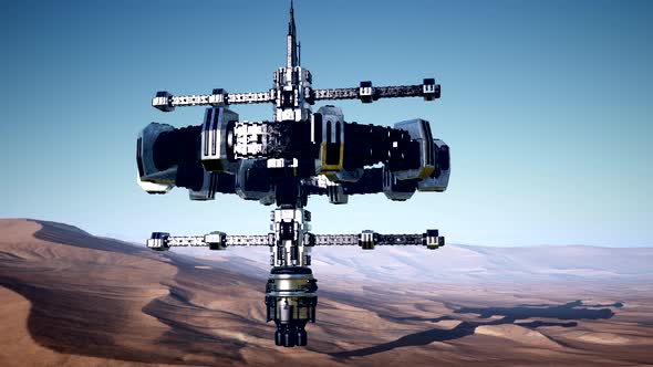 Alien Spaceship Rotate Over Desert. Ufo