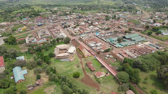 Aerial panorama of rural village Loitokitok at footstep of Mount Kilimanjaro, Kenya