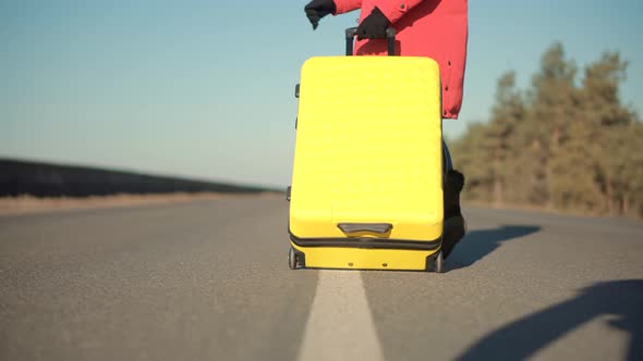 Wife Left Her Husbands After Quarrel. Traveler Transportation With Suitcase.Holiday Vacation Weekend