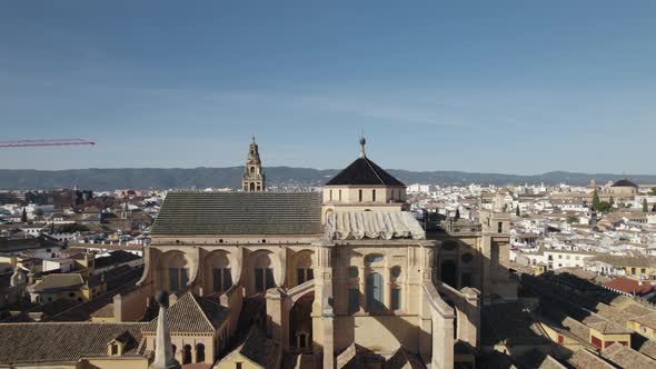 Aerial pullback view Mosque-Cathedral of Córdoba, Cordoba, Spain.