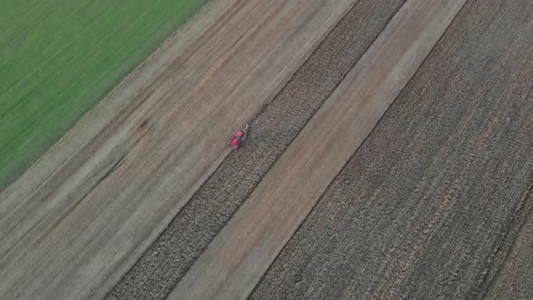 Preparing Land for Sowing Field in Farming with Red Tractor Plowing