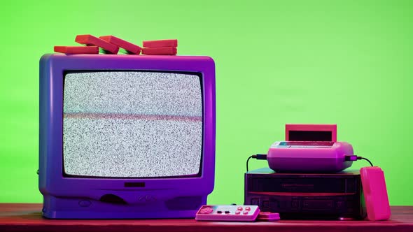 Old Television with Grey Interference Screen on Purple Neon Background