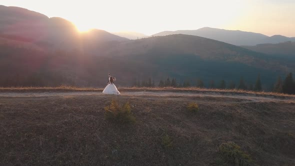 Newlyweds Walking on a High Slope of the Mountain. Groom and Bride. Aerial View