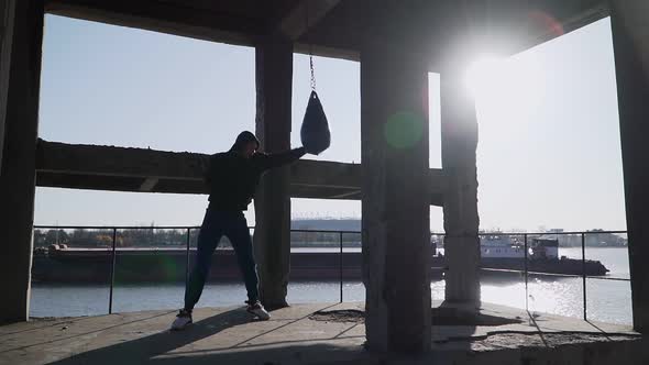 Boxer training outdoor abandoned building Martial art and boxing Slow motion