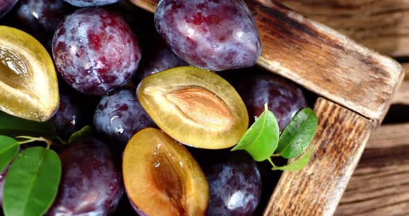 Plum with Leaves on the Tray Rotates Slowly. 