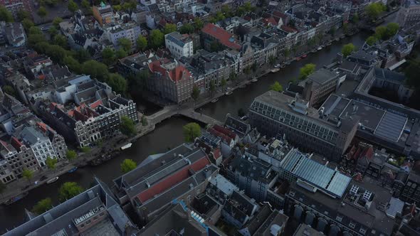 Aerial View of Amsterdam Canal Bridge Crossing, Drone