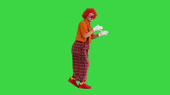 Clown in Red Wig Walking and Dancing in a Funny Manner on a Green Screen Chroma Key