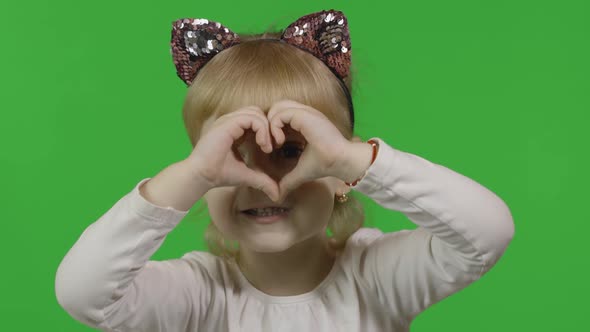 Girl in Headband with a Cat Ears Dancing. Happy Four Years Old Child. Chroma