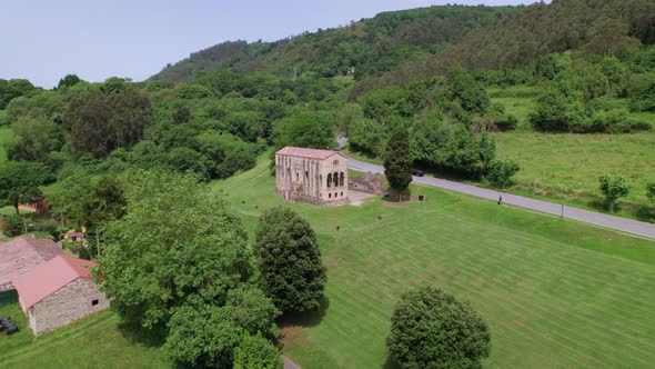 Aerial view from distance of pre romanesque Santa Maria del Naranco church located in Oviedo, in Ast