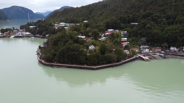 Drone footage of Caleta Tortel, a village without streets, full of catwalks, in Patagonia, Chile.