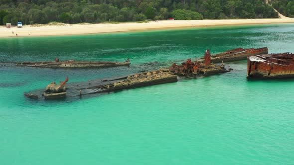 Shipwrecks made into dive site, Clear water, beautiful Queensalnd, Australia Moreton Island, Drone f