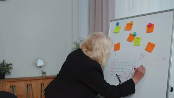 Senior Business Woman Making Notes on Board with Stickers Analyzing Infographics Use Laptop Computer