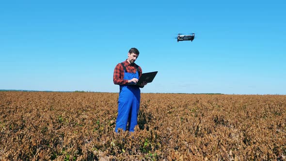 Burnt Field and an Agrotechnician Navigating a Drone