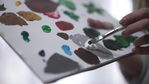 Closeup Painting Palette with Brush Mixing Acrylic Paints