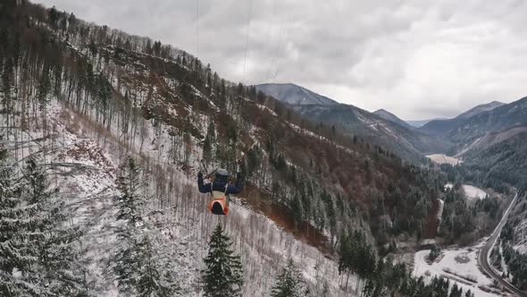 Paragliding Flight Above Winter Forest Tress Freedom Adrenaline