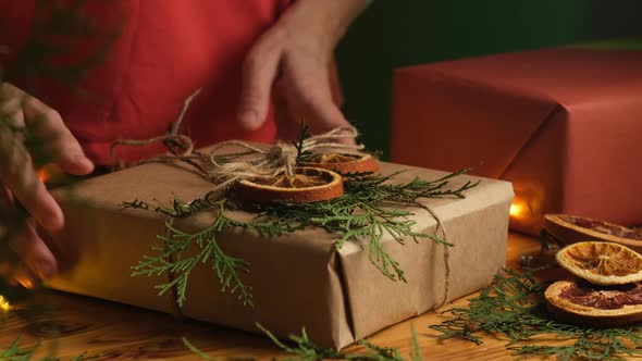 Female Hands Decorates Christmas Present